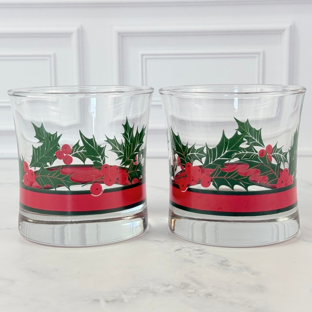 VTG PAIR (2) Libbey Flared Double Old Fashioned Glasses Holly and Berries 3.5"